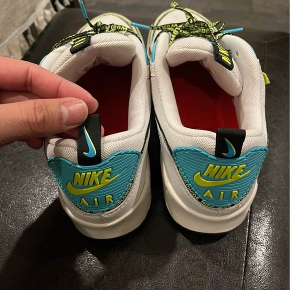 Nike Kids Air Max 90 SE White Blue Neon Green Sneakers - Picture 3 of 11